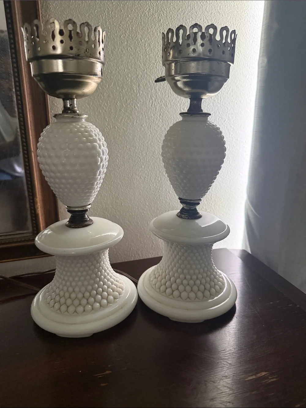 White Milk Glass Hobnail Table Lamps - Set of 2